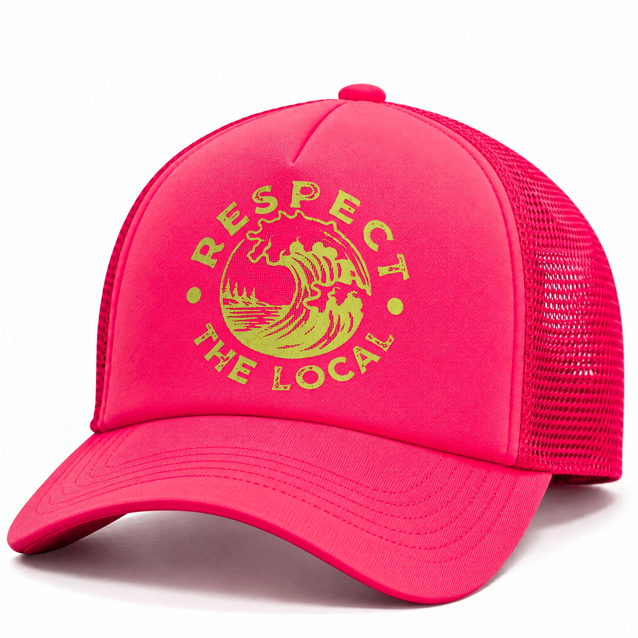 A bright pink trucker hat with a yellow-green embroidered graphic on the front that reads 'RESPECT THE LOCAL' around a wave illustration, shown on a clean white background.